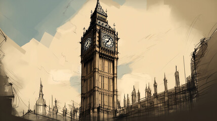 Big Ben, the Palace of Westminster in London, UK, Drawing, Sketch