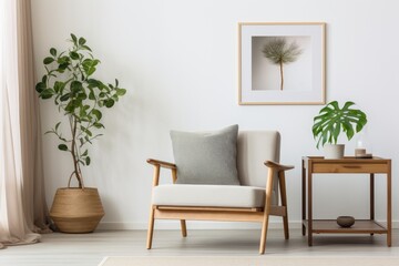 The interior design of the living room is modern and attractive, featuring a mock up poster frame, a wooden armchair, a shelf, a side table, plants, and unique home accessories. The wall is adorned