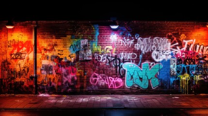 A wall sprayed with Gravity in an underpass at night, a lamp illuminates the Gravity