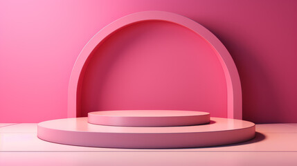 Minimalistic podium for presenting your product or cosmetics, round podium and arch in pink colors, generative ai