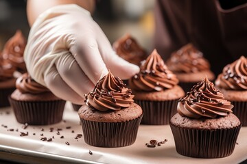 A pastry chef adorns cupcakes using a pastry bag to pipe chocolate cream frosting. A close up view showcases homemade cocoa muffins.