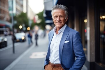 Fototapeta premium Photography of a pleased, man in his 60s that is wearing a dapper seersucker suit against a sophisticated urban street background. Generative AI