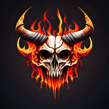 Burning in flame human demonic skull with horns with background
