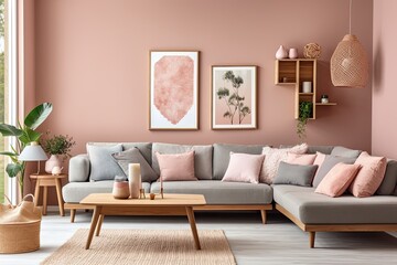 The living room interior exudes warmth and comfort, featuring a simulated poster frame, a sectional sofa, a wooden coffee table, a vase adorned with dried flowers, cushions, an armchair, a pink wall