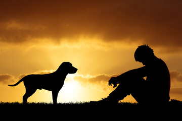 Dog is man's best friend concept, image of desperate man with dog by his side