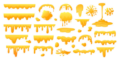 Cartoon honey dripping set. Sticky sweet dripping spots, flowing sugar syrup, melting honey splatters flat vector illustration collection. Sweet honey drops