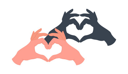 Cartoon hands shadow gesture. Shadow theatre gesture, heart shadow shape flat vector illustration on white background