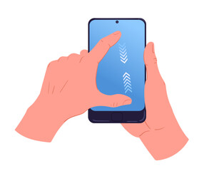Hand touch smartphone screen. Cartoon hands holding cell phone, mobile phone in hands flat cartoon vector illustration