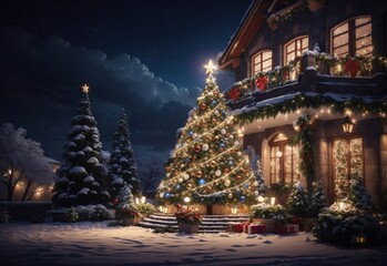 Fototapeta na wymiar Decorated Christmass tree outdoor at night