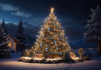 Naklejka premium Decorated Christmass tree outdoor at night