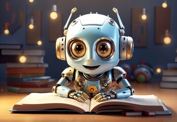 Cute surprised robot child after reading in a book, cartoon style, android kid, anthropomorphic art - obrazy, fototapety, plakaty
