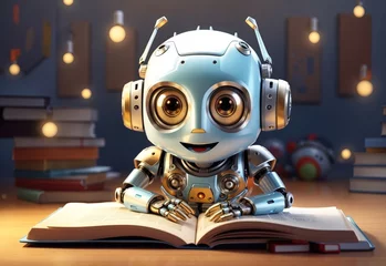 Fotobehang Cute surprised robot child after reading in a book, cartoon style, android kid, anthropomorphic art © Alief Shop
