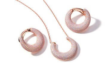 Elegant jewelry set. Jewellery set with gemstones. Jewelry accessories collage. Product still life concept. Ring, necklace and earrings.