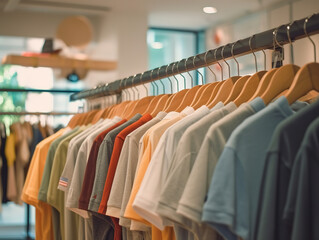 Clothes of different colors on the rack. Stylish t-shirts, plain clothes in the store, shopping.