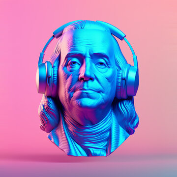 Benjamin Franklin with headphones 3d holographic illustration