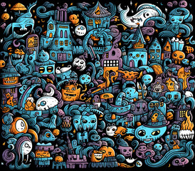 Scary Halloween Elements Doodle Art, Ai Generated