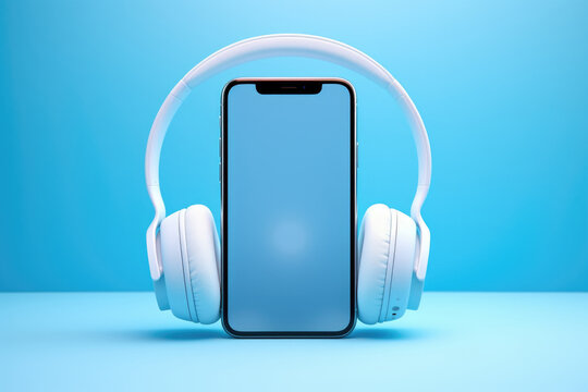 Wireless headphones and smartphone mockup display on blue background Generative AI