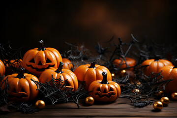 Banner for halloween pumpkins on orange background. With Generative AI technology