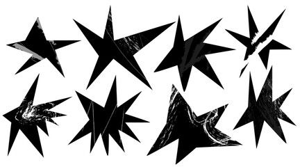 A simple black set of trendy irregular stars. hand drawn shapes with texture