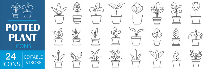 Set of potted plant line icons. Potted plant outline icons set. Vector illustration