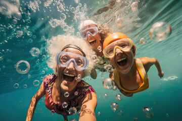 Three Joyful person snorkling in the Sea