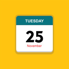 november 25 tuesday icon with yellow background, calender icon