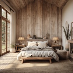 Rustic home design with ethnic boho decoration. Bed with pillows, wooden furniture