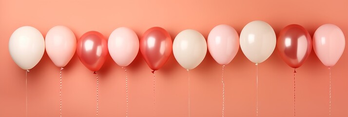set of realistic isolated pink balloons for template and invitation decoration on coral background. Concept of valentine and anniversary celebration, extra wide.