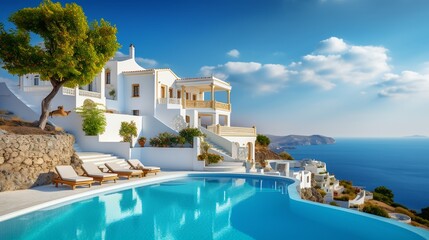 Fototapeta na wymiar Traditional mediterranean white house with pool on hill with stunning sea view. Summer vacation background. extra wide.