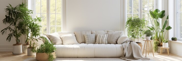 White sofa with plaid and cushions on knitted rug on window background, modern living room interior design, copy space.