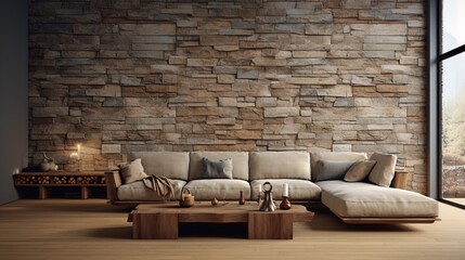 Cozy sofa on wild stone cladding wall background, rustic lounge area interior design.