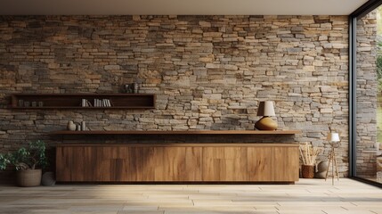 Fototapeta na wymiar Wooden carbinet on wild stone cladding wall background, rustic lounge area interior design.