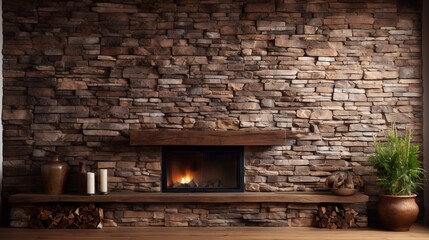 Fireplace on wild stone cladding wall background, rustic interior design.