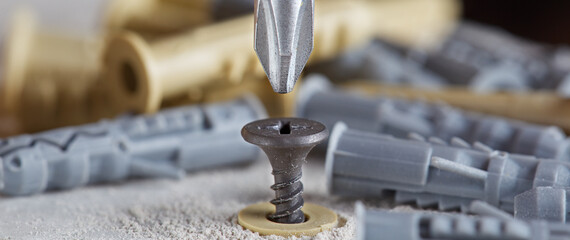 screwdriver screw and dowel in a concrete wall background