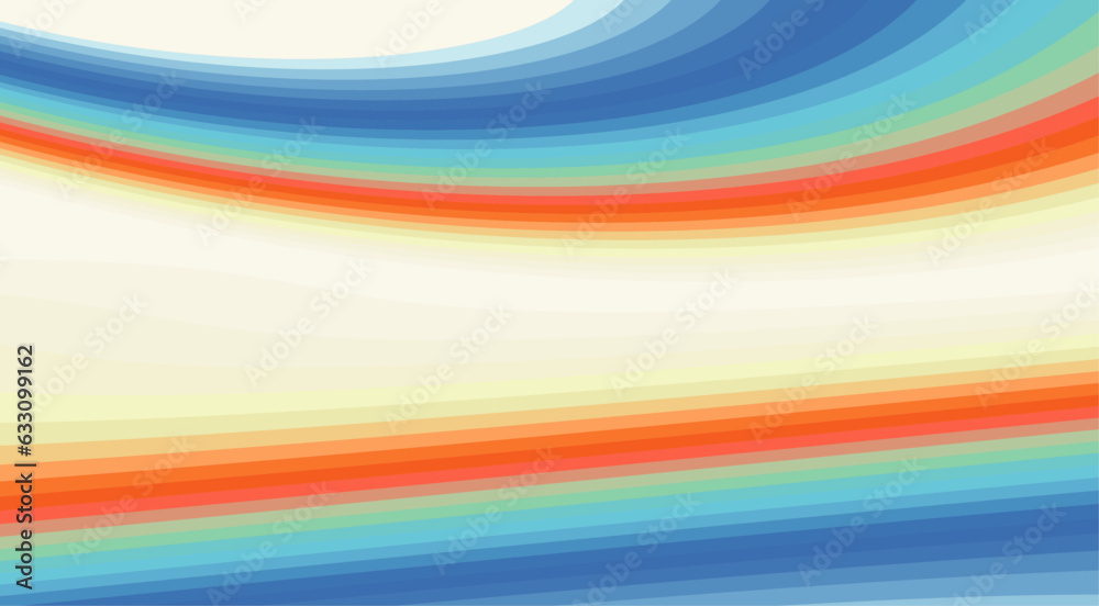 Poster Color gradations with orange and blue curved stripes on ecru background. Vector pattern