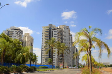 Modern residential area in Petah Tikva. Israel. June 2, 2023. high-rise buildings, roadway