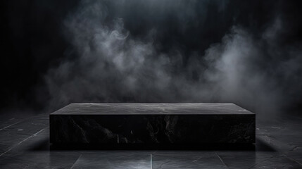 Empty black marble tabletop podium with smoke