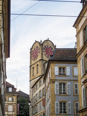Fototapeta na wymiar Historic clock tower on building in city