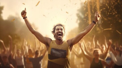A male athlete arrives at a finish line and raises hands in celebration. Concepts of success, win, and achievement. Generative AI