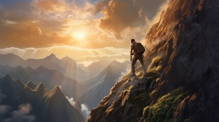 A hiker stands on a high rocky mountain looking at sunrise sky. Determination, persistence, perseverance, effort, and success. Generative AI