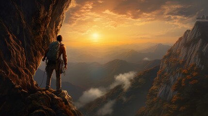 A hiker stands on a high rocky mountain looking at sunrise sky. Determination, persistence, perseverance, effort, and success. Generative AI