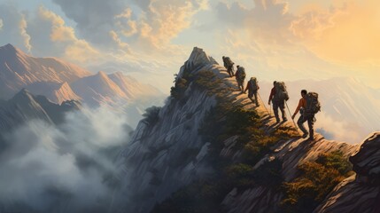 AHikers climb and stand on a high rocky mountain on a sunrise sky background. Determination, persistence, perseverance, effort, teamwork, and success. Generative AI