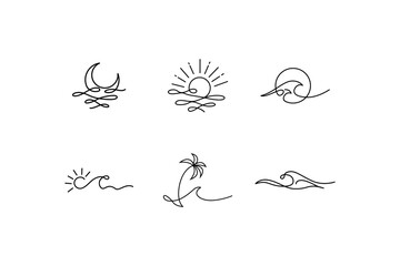 Hand drawn, sun, ocean, beach elements earth elements vector art illustration, line art wave, ocean sun illustration