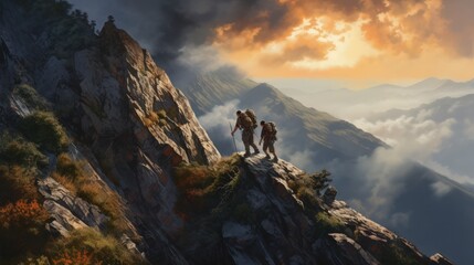 Naklejka na ściany i meble AHikers climb and stand on a high rocky mountain on a sunrise sky background. Determination, persistence, perseverance, effort, teamwork, and success. Generative AI