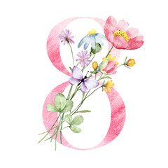 Fototapeta na wymiar Number 8, eight with watercolor flowers hand painting. Perfectly for anniversary, wedding invitation, greeting card, logo, poster and other floral design. Isolated on white background. 