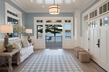A spacious and expansive entrance hall with a wide open interior front door, complete with a transom window above it. The hallway is adorned with a hanging light fixture that adds a coastal touch to - obrazy, fototapety, plakaty