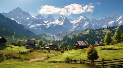 Fototapeta na wymiar swiss alpine village landscape valley mountain wallpaper