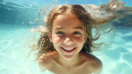 Fototapeta na wymiar child girl in the pool swimming dived under the water