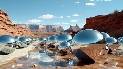 ufo crystal ball in the desert silver metal ball wallpaper background crystal ball landscape mountain
