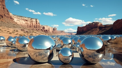 ufo crystal ball in the desert silver metal ball wallpaper background crystal ball landscape...